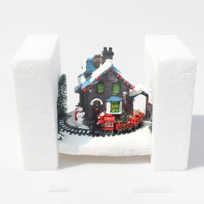 

Creative Color LED Lights Christmas Small Train Village House Luminous Landscape Snow Figurines Resin Desktop Ornament