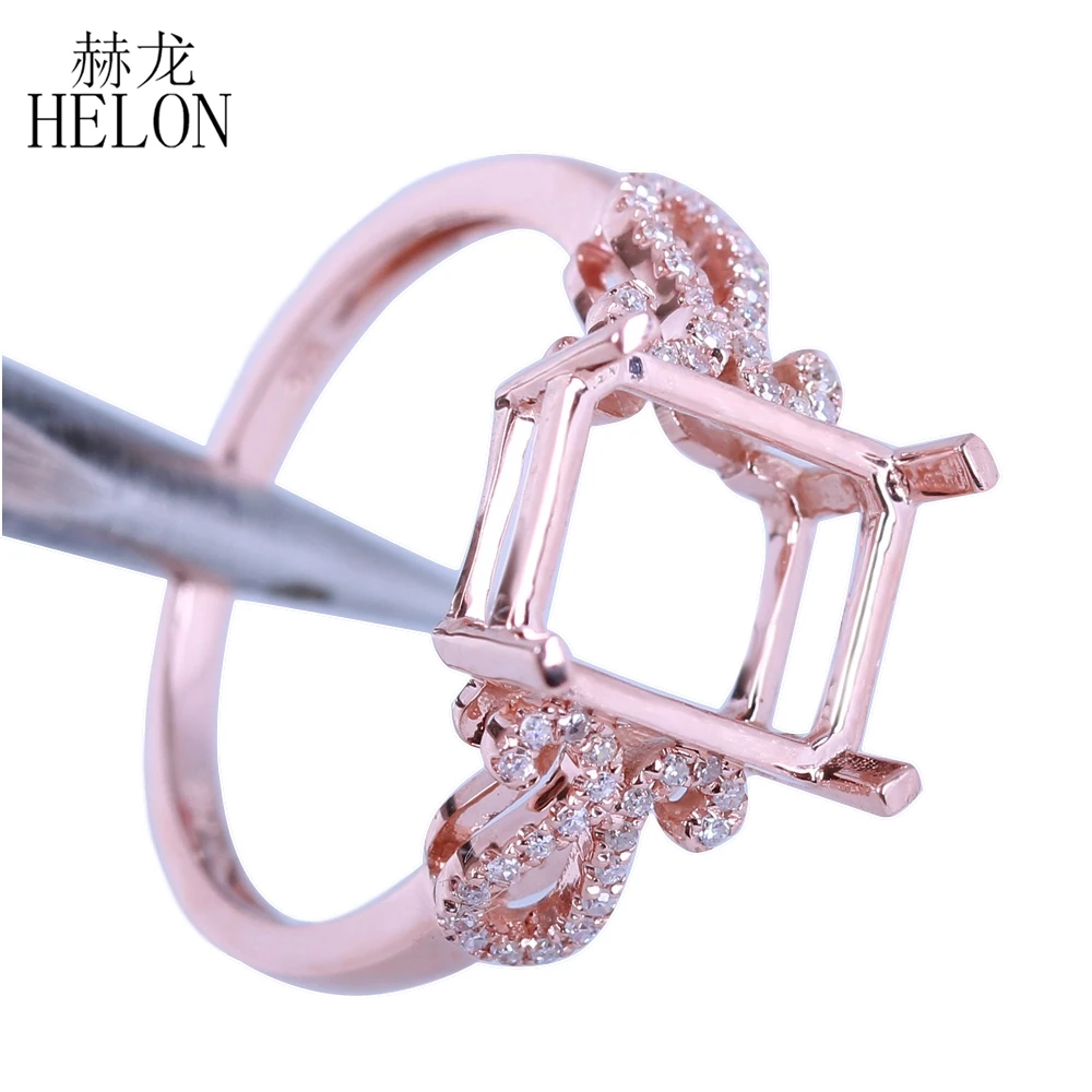 

HELON Solid 14K Rose Gold Pave Natural Diamonds Semi Mount Engagement Wedding Fine Jewelry Ring Setting Fit Emerald Cut 10x8mm