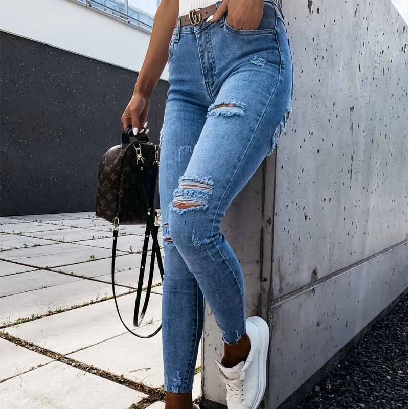

FAKUNTN Ripped Jeans Women Washed Plus Size S-2XL Korean High Waist Trousers Skinny Denim Jeans Light Blue Hollow Pencil Pants