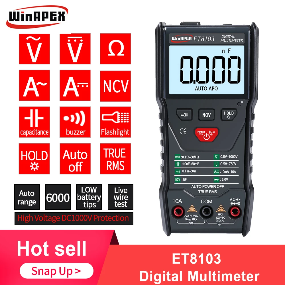Цифровой мультиметр WinAPEX ET8103, 6000 отсчетов, полностью интеллектуальное автоматическое измерение, измеритель напряжения переменного/постоянного тока, светильник-вспышка, задний светильник