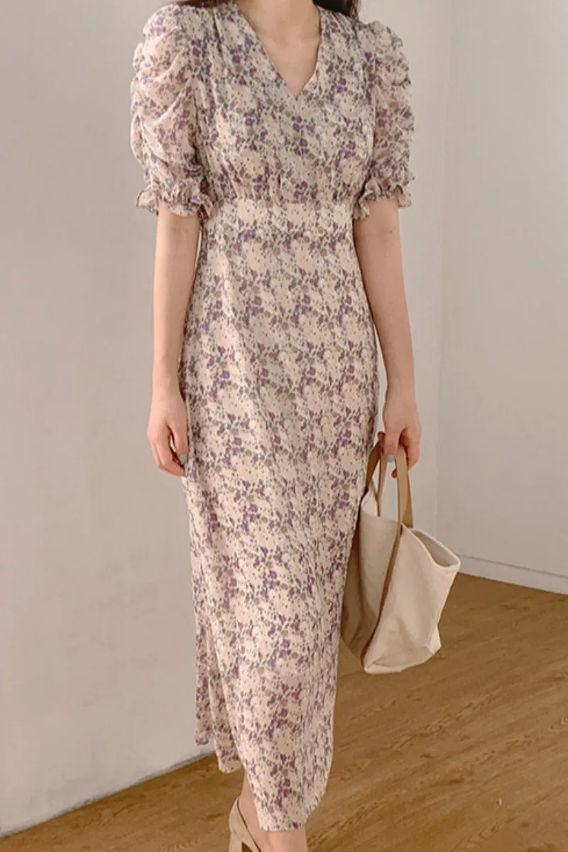 

Short Sleeves Dress Women Chic Summer Elegant V-neck Midi French Purple Floral Dress Puff Sleeve Dress Femme Robe