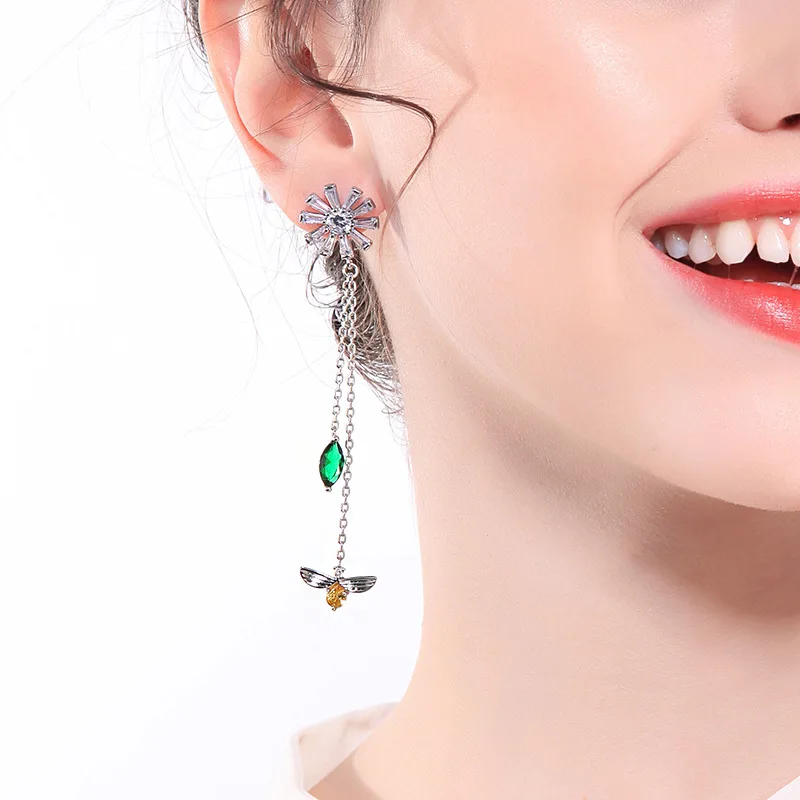 

925 Silver Needle Long Flower Zircon Insect Earrings Stud Earrings Female Japanese and Korean Fashion Temperament Earrings