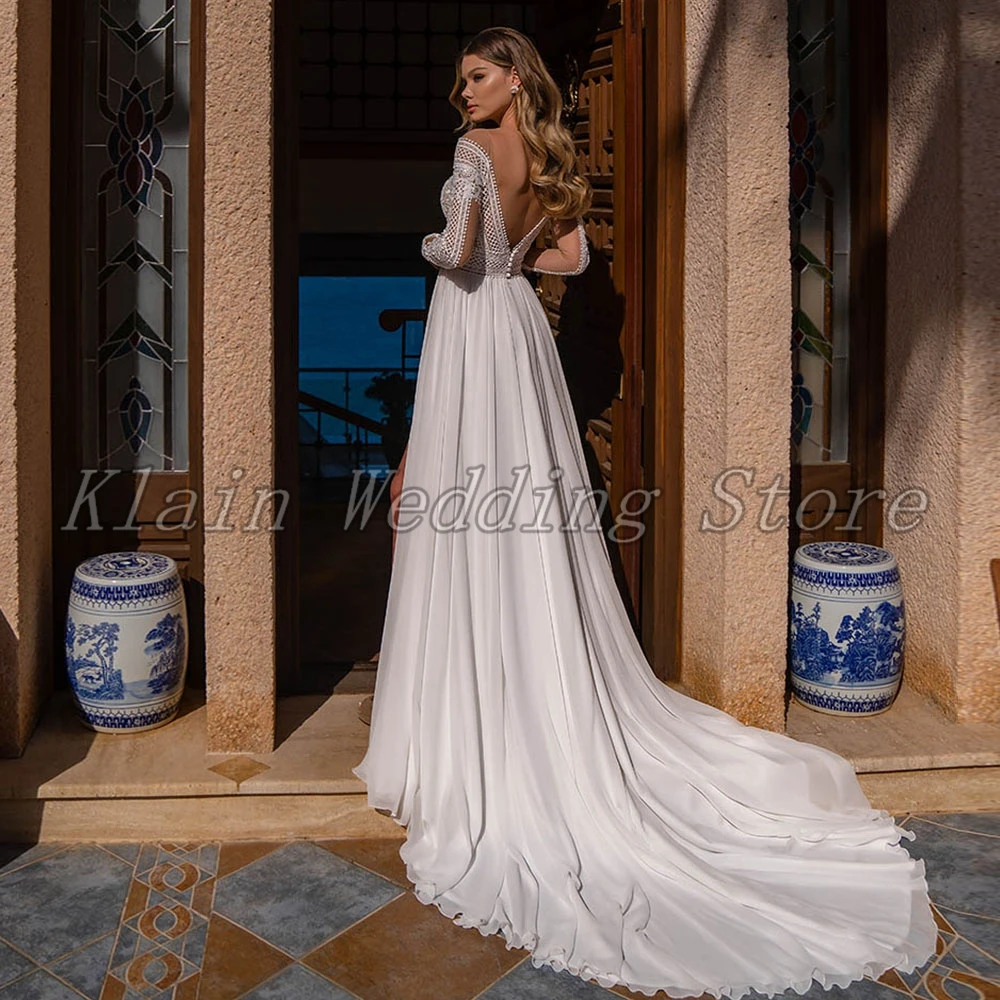 

Charming Beach Chiffon Side Slit Sweep Train Wedding Dress 2021 Sexy Sheer V-Neck Lace Long Sleeve Bridal Gowns