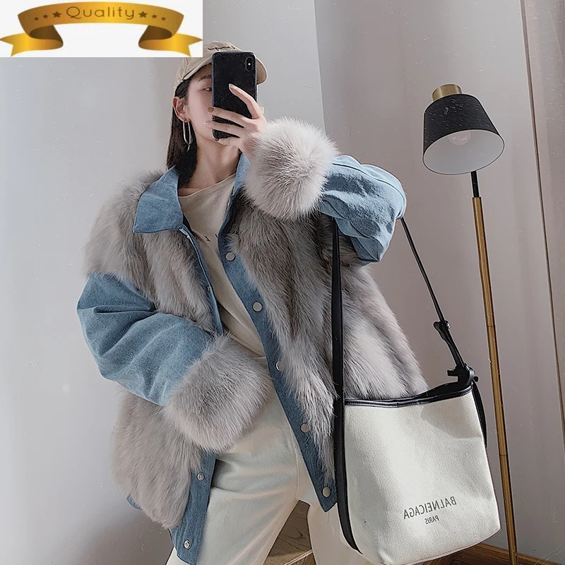 

Coat Fur Real Fox Female Denim Jacket Streetwear Warm Winter Clothes Women Coats Fashion Luxury Fur Jackets for Women 2021