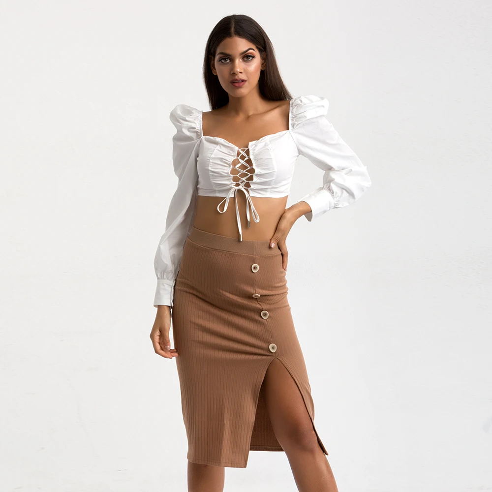 

Women's Knitted Skirt Sexy Slit Slim Ladies Casual Skirt Fall Winter 2020 Female Button Over The Knee Skirt