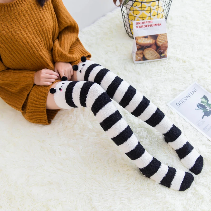 Милые женские носки выше колена с принтом животных в полоску зимние теплые