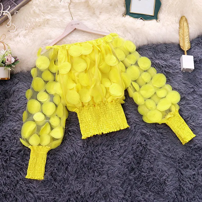 

Женская сетчатая блузка с рукавами-фонариками, однотонная короткая блузка из газовой ткани с вырезом лодочкой, весна-осень 2020