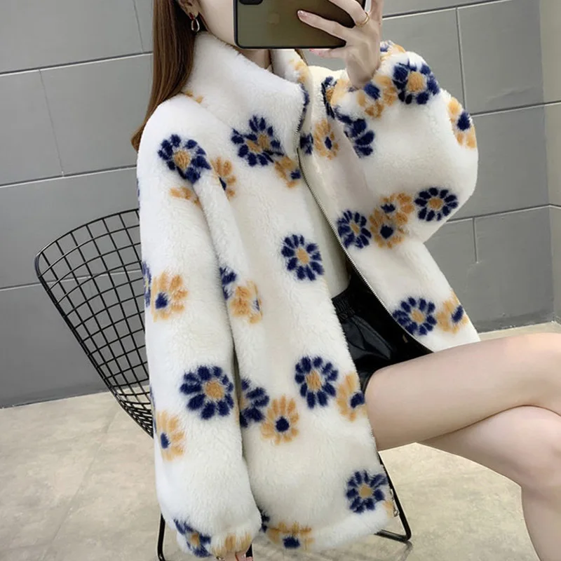 Genuine Sheep Fur Coat Short Print Flower Winter Clothes Women Zipper Long Sleeves Natural Sheepskin Ladies Overcoats Abrigos