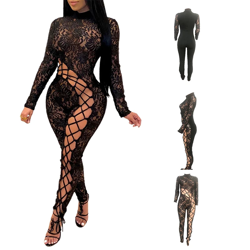 

Women Wrapped Lace Romper, Long Sleeve High Neck Bandage Cutout Drawstrings Black Jumpsuit 2021 New Fashion