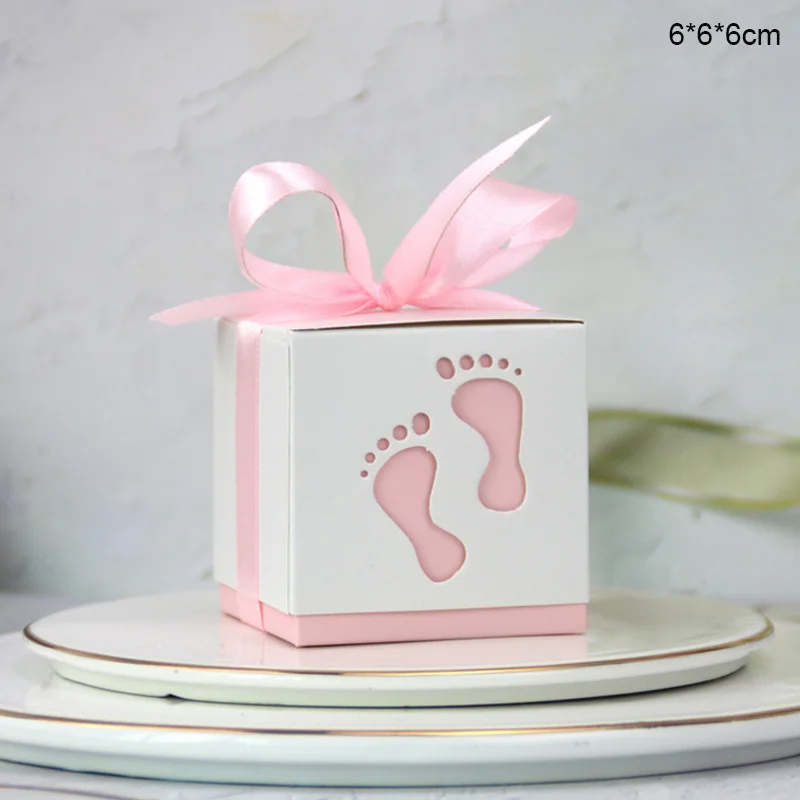 

10pcs/Set Candy Gift Box Ribbon Bow-knot Cardboard Chocolate Packaging Box Baby Footprints Candy Box Baby Shower Party Supplies
