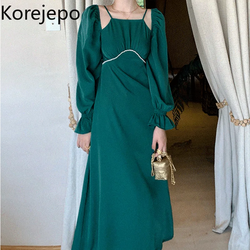 

Korejepo Women Dress 2021 Spring Autumn New Style French Retro Gentle Wind Slash Neck Flare Sleeve Thin Female Slim Sling Dress