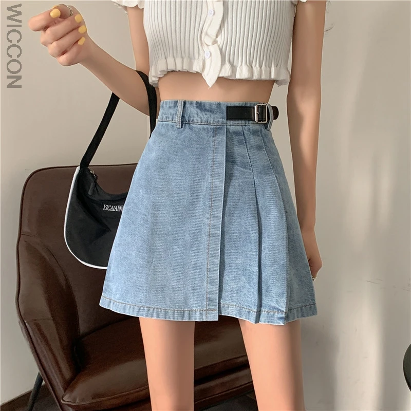 

Skirts Women Summer Blue Solid Denim High Waist A-line Mini Skirt Elegant Sexy Sashes Womens Fashion Chic Casual