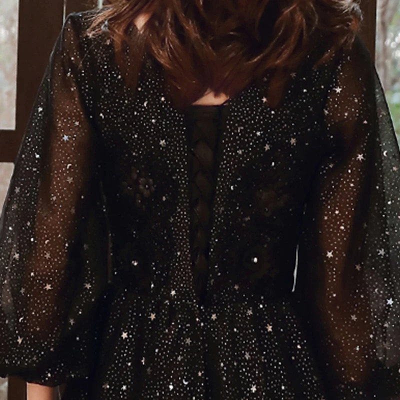 

Evening Dress Sequins Three Quarter Sleeves Lace Up Black Fashion Tea-Length Simple New A-Line Woman Formal Party Gowns A1071