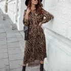 Женское платье-рубашка с леопардовым принтом, длинное однобортное платье-трапеция с длинным рукавом, весна 2021