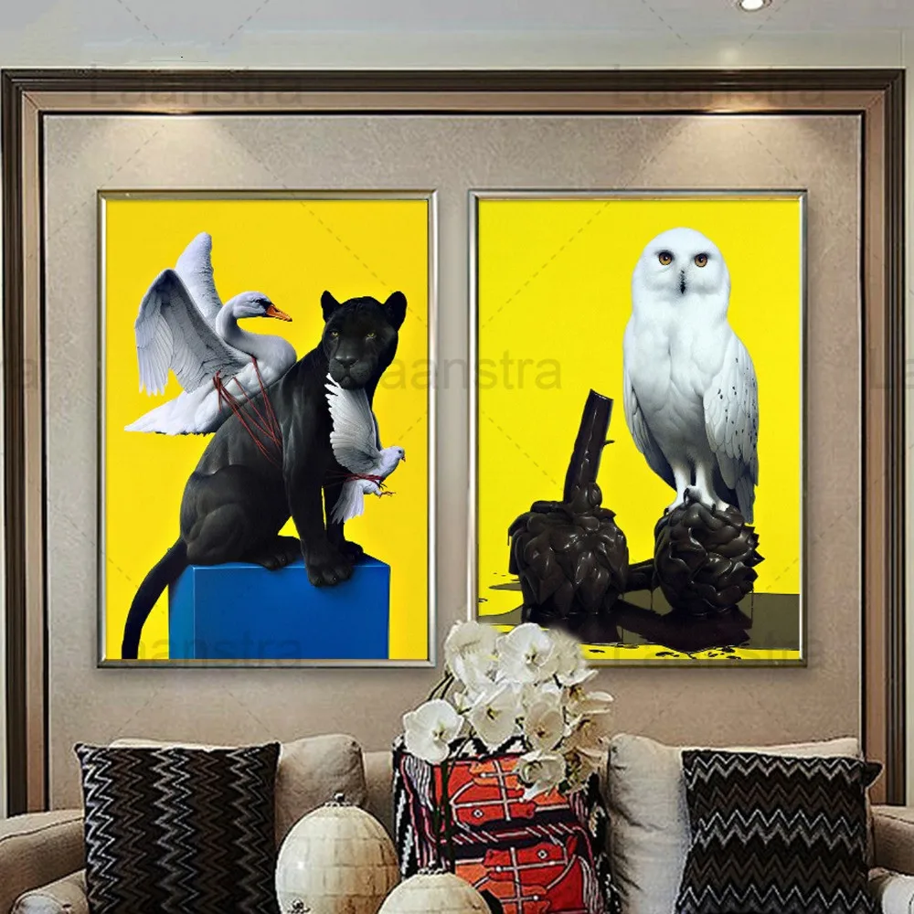 

Animal Home Decoration Painting Yellow Background Owl Swan Dove with Large Cat Living Room Wall Art Canvas Poster Creative Print