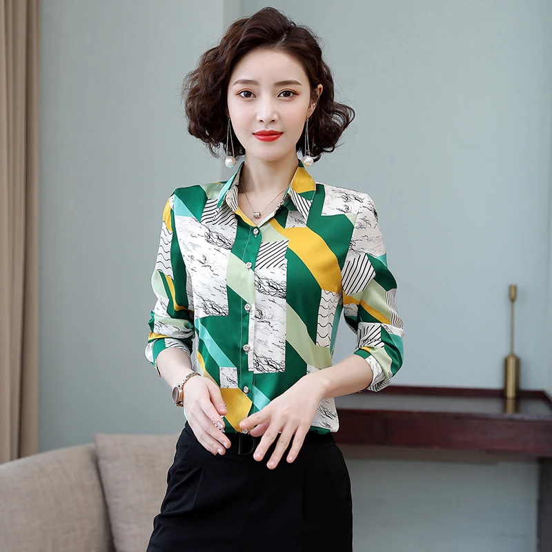

TingYiLi Elegant Office Ladies Printed Button Up Blouse Korean Women's Long Sleeve Leopard Shirt Fashion Floral Top Female