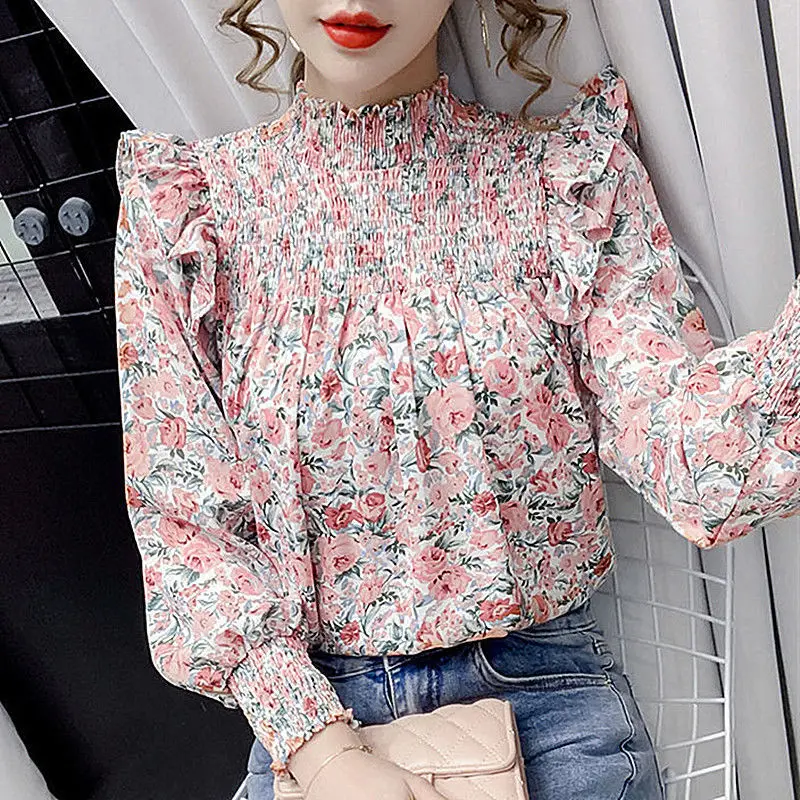 

2021 spring new super fairy Floral Chiffon shirt women's top Ruffle pleated shirt design sense niche shirt