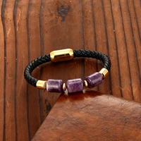2021 new cylindrical natural amethyst energy bracelet 316 stainless steel single lady layer leather cord bracelet jewely