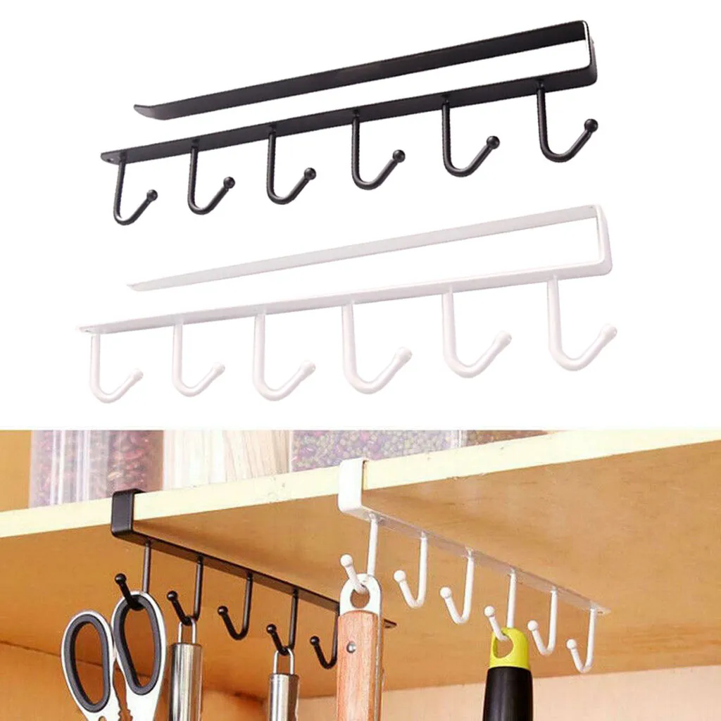 Storage Rack Organiser Kitchen Hook Tools Black And Whi 6 Hooks Cup Holder Hang Multifunctional Cabinet Shelf Metal | Дом и сад