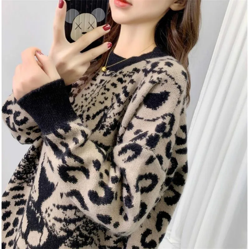 Женский трикотажный свитер YASUGUOJI повседневный с леопардовым принтом в стиле