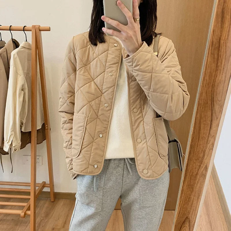 

All-match rhombus collarless lightweight short cotton jacket women loose 2021 spring new cotton quilted jacket