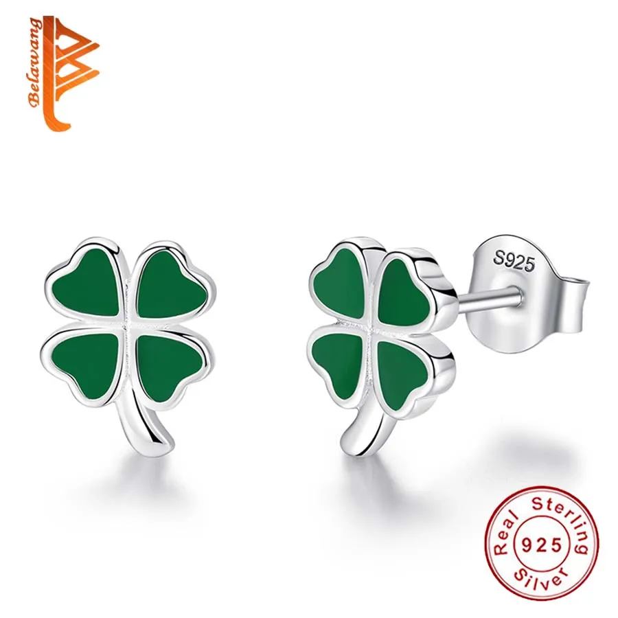 100% 925 пробы серебряные серьги гвоздики в форме сердца с узором клевера для