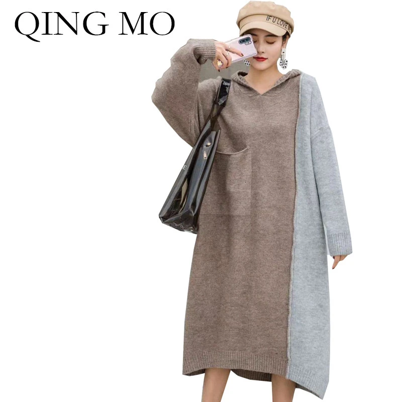 Зимнее женское платье свитер QING MO 2019 с капюшоном цветное повседневное свободное