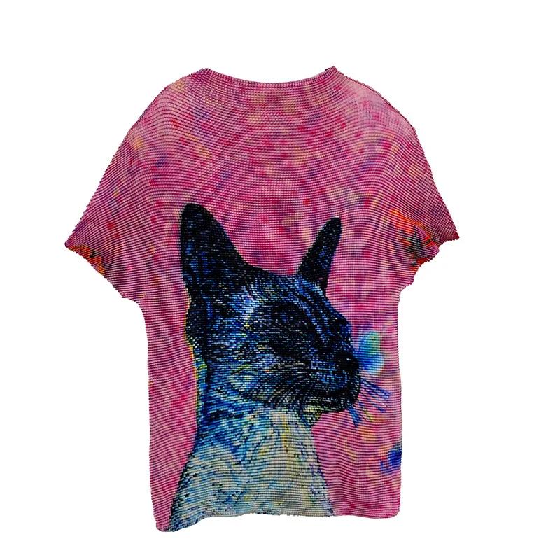 

TVVOVVIN 2021 Summer Temperament Half High Collar Short Sleeve T-shirt Fashion Print Casual Pleated Pullover Top WKM9