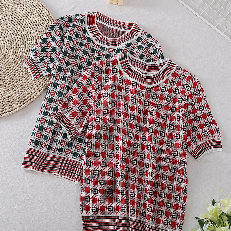 

Summer new retro round neck short-sleeved T-shirt women 2021 loose thin ice silk sweater short-sleeved top