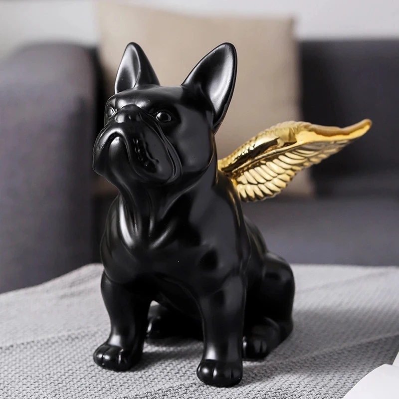 

Статуя французского бульдога, животное, Золотое крыло, черная собака, Художественная Скульптура, керамическое ремесло, современный нордиче...