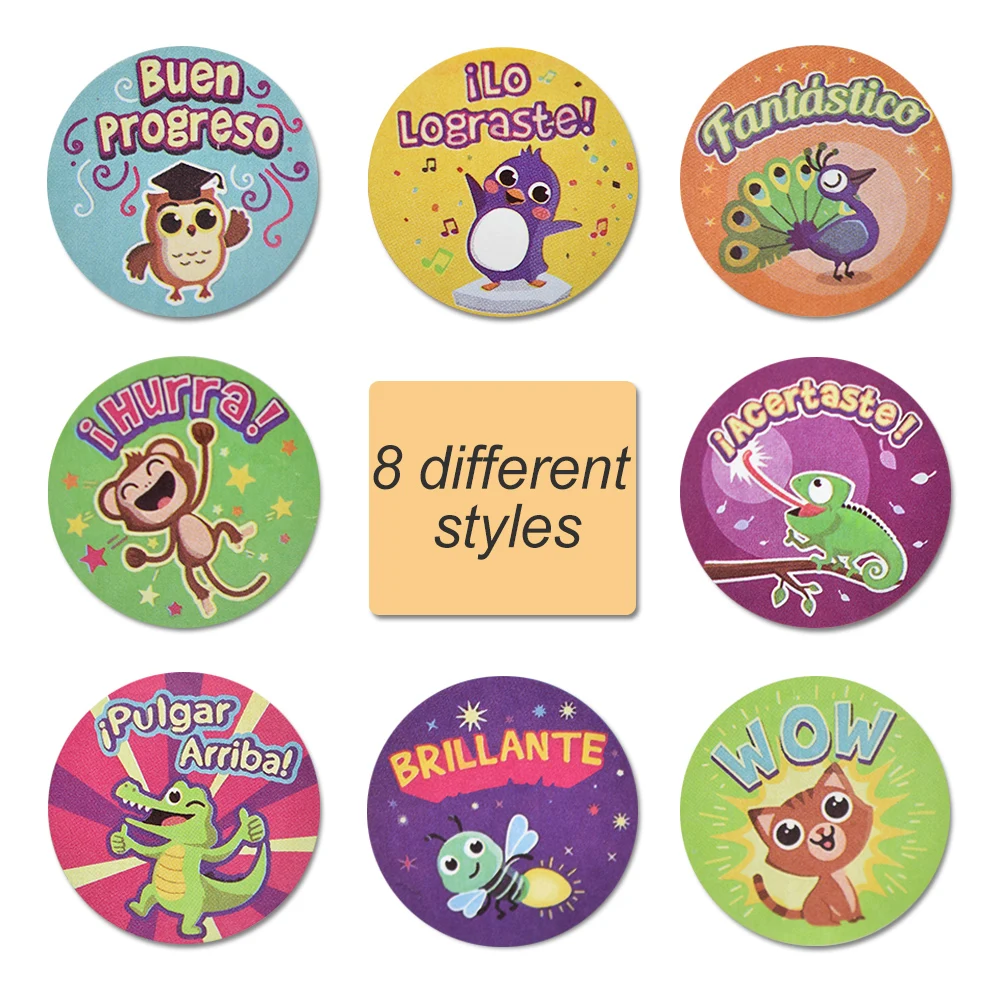 Rollo de pegatinas de animales para ni&ntilde;os, 1 pulgada, bonitas etiquetas de sello con palabras en espa&ntilde;ol para adolescentes, juguetes de regalo, pegatinas de dibujos animados, 500 Uds.-2