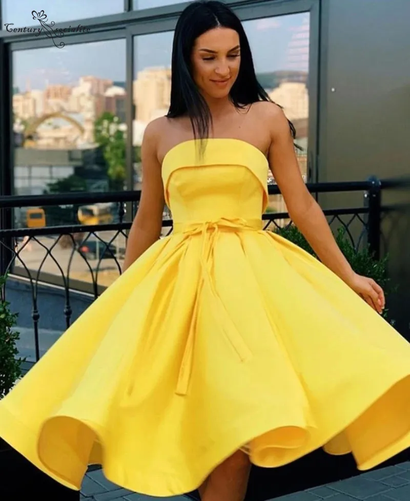 Yellow Homecoming Dresses Short Knee Length Strapless Lace Up Simple Satin Graduation Dress Prom Party Gowns Cheap | Свадьбы и