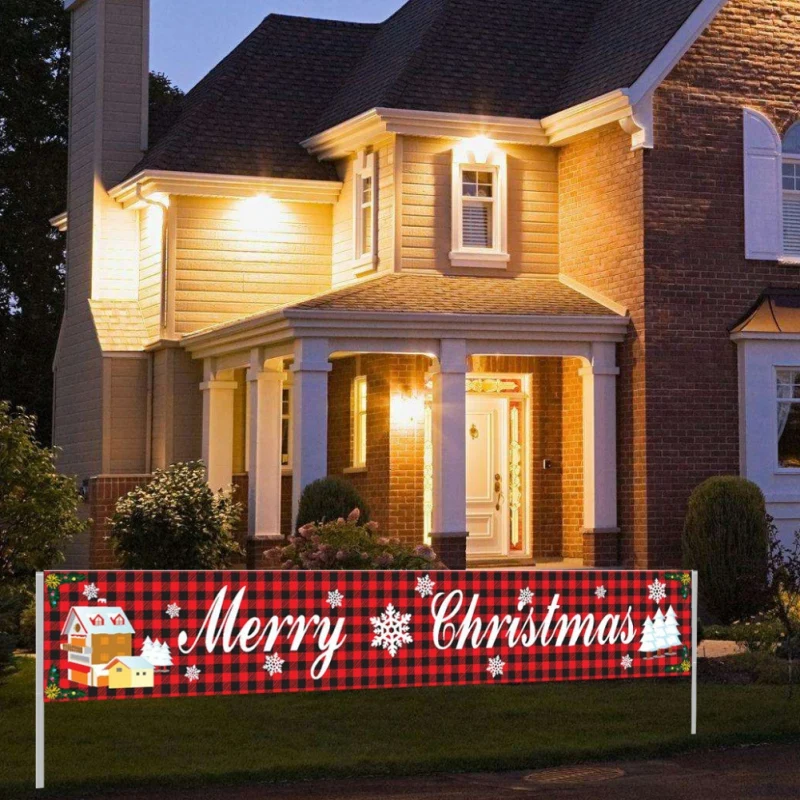 

Large Merry Christmas Banner | Outdoor Red Grid Christmas Banner Decorations | Xmas Outdoor & Indoor Hanging Decor