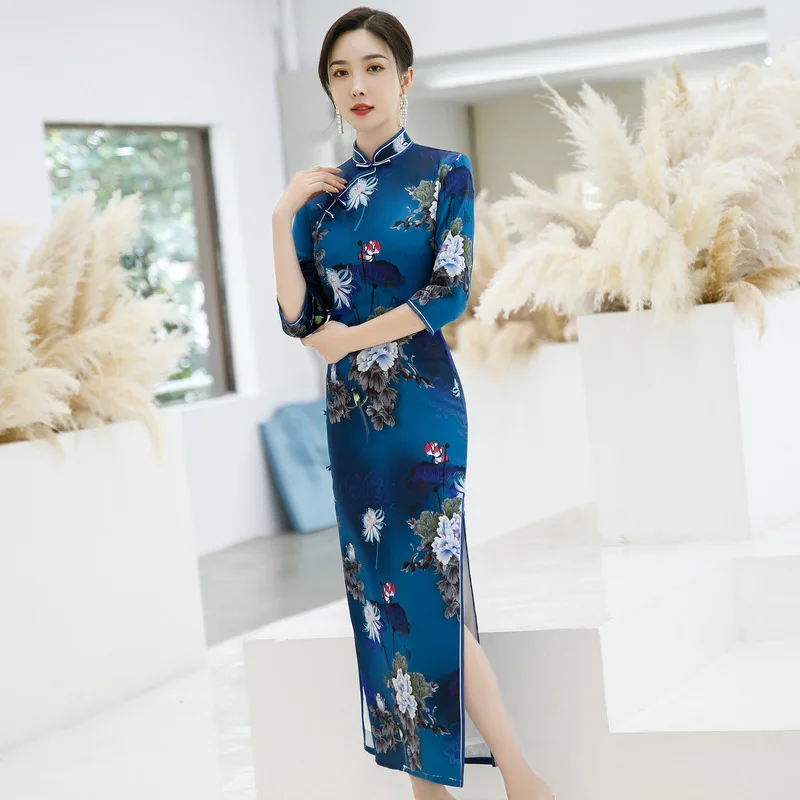 

FZSLCYIYI Chinese Traditional Lotus Printed Wedding Qipao Women Elegant Split Dress Female Bodycon Cheongsam Oversize 4XL