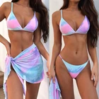 Женский сексуальный комплект бикини из 3 предметов, бразильский купальник с треугольной чашкой и V-образным вырезом, юбка-саронг с запахом, купальный костюм радужной расцветки