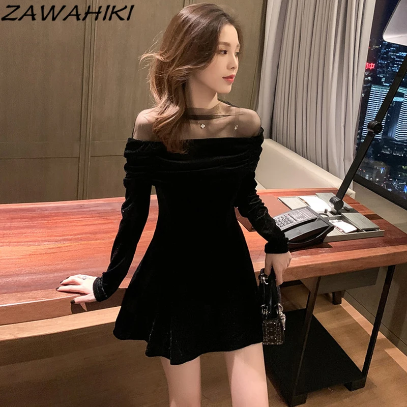 

ZAWAHIKI Mini Dress Sexy High Waist Temperament Black Dresses Female Autumn and Winter Slim Long Sleeve Mesh Gothic Ropa Mujer