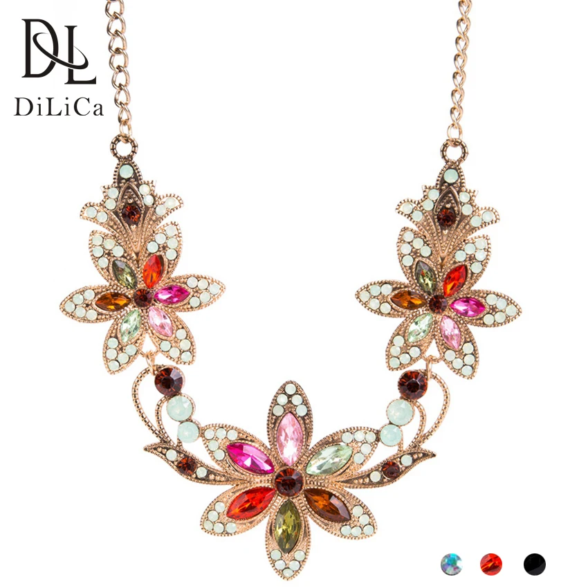 DiLiCa Elegant Flower Statement Necklace for Women Vintage Rhinestone Maxi Necklaces &amp Pendants Bib Jewelry | Украшения и