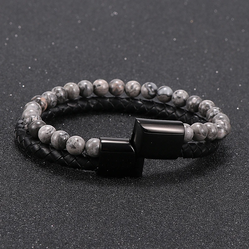 

2020 Fashion Men Natural Stone Genuine Leather Bracelet Stainless Steel Magnetic Clasp Tiger eye Map Stone Bead Bracelet Men