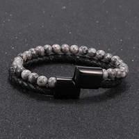 2020 fashion men natural stone genuine leather bracelet stainless steel magnetic clasp tiger eye map stone bead bracelet men