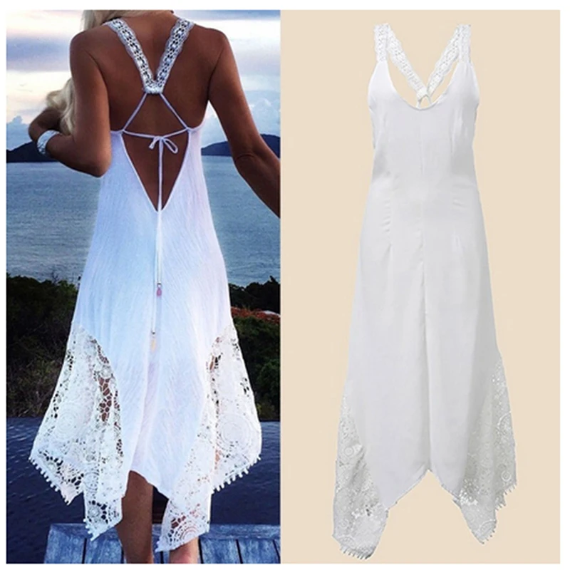 

Ladies Summer Beach Dress Beachwear Ladies Lace Dress Patchwork Sleeveless Dress Backless Strapless Lace-Up Sexy Dress