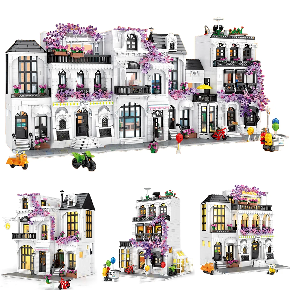 

New MOC Europe Garden Flower Street Model Bricks With Light DIY City View Series Architecture Building Blocks Toys for Kids Gift