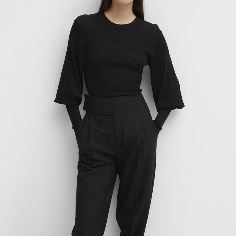 Black Vignola knitted Top Round Neck Long wide sleeves exaggerated cuffs fitted body Fashion Jumper 2020 NEW WOMAN | Женская одежда