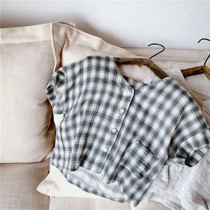 Children's clothing 2020 summer new products girls Korean dress plaid raglan sleeves short-sleeved shirt single breasted | Детская
