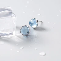 charming stud earrings for women 925 silver round opal blue shiny jewelry earlobe piercing wedding party ear accessory lady gift