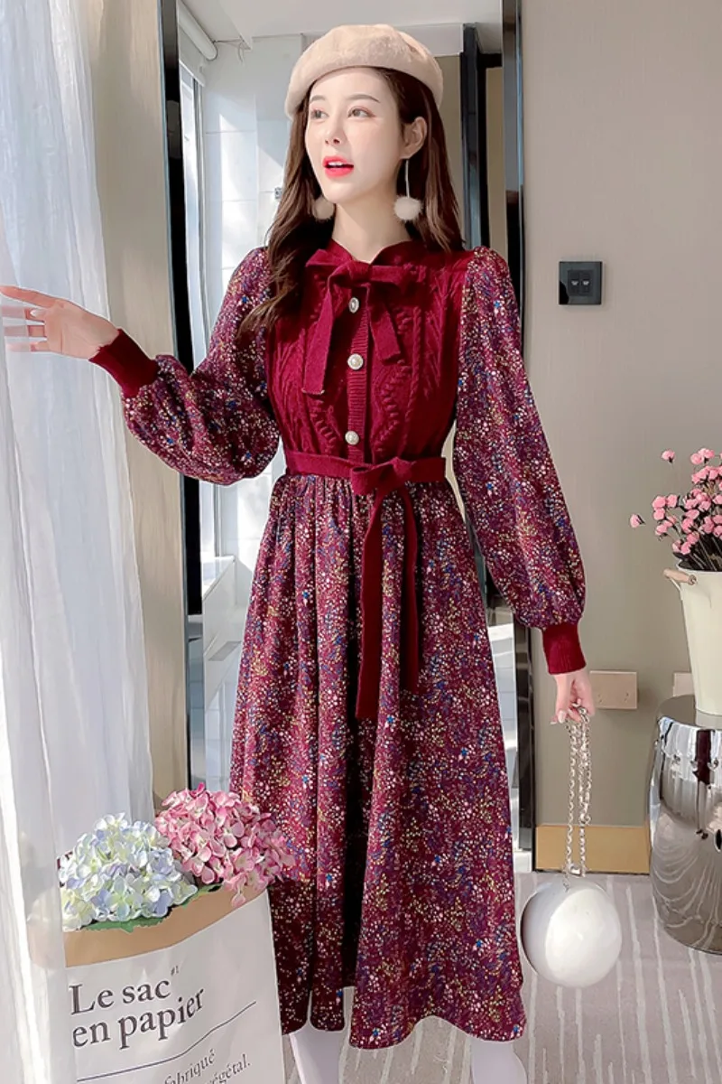 

Sweet Lady Floral Stitching Knitted Dress 2021 Spring New Style With Thin Mid Long Skirt Women's Fashion