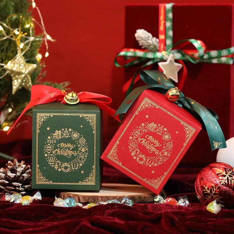 

Christmas Bowknot Ribbon Bell Apple Candy Box Choolate Paper Gift Boxes Packaging Wedding Favors Decoration for Guests Supplie