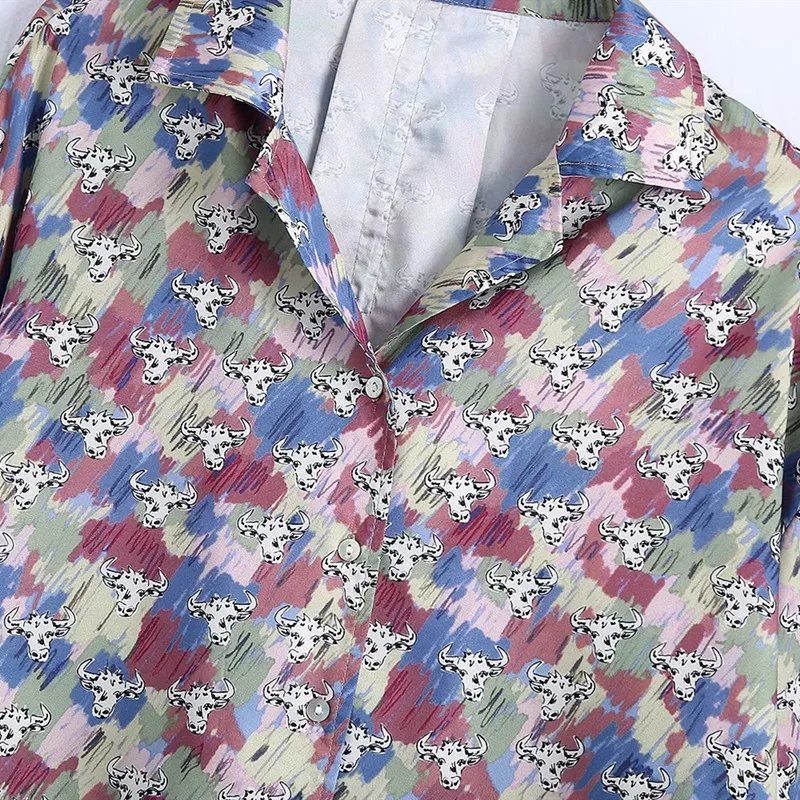 

Spring Za Top 2021 Animal Printed Cropped Shirt Women Lapel Collar Long Sleeve Shirts Female Button Up Shirt Woman Vintage