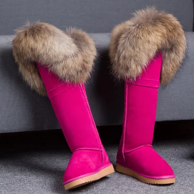 rose nubuck G& Zaco/Роскошные зимние сапоги из натуральной кожи; зимние сапоги до колена с натуральным лисьим мехом; водонепроницаемые высокие сапоги на плоской подошве; сапоги с мехом енота - Цвет: rose nubuck