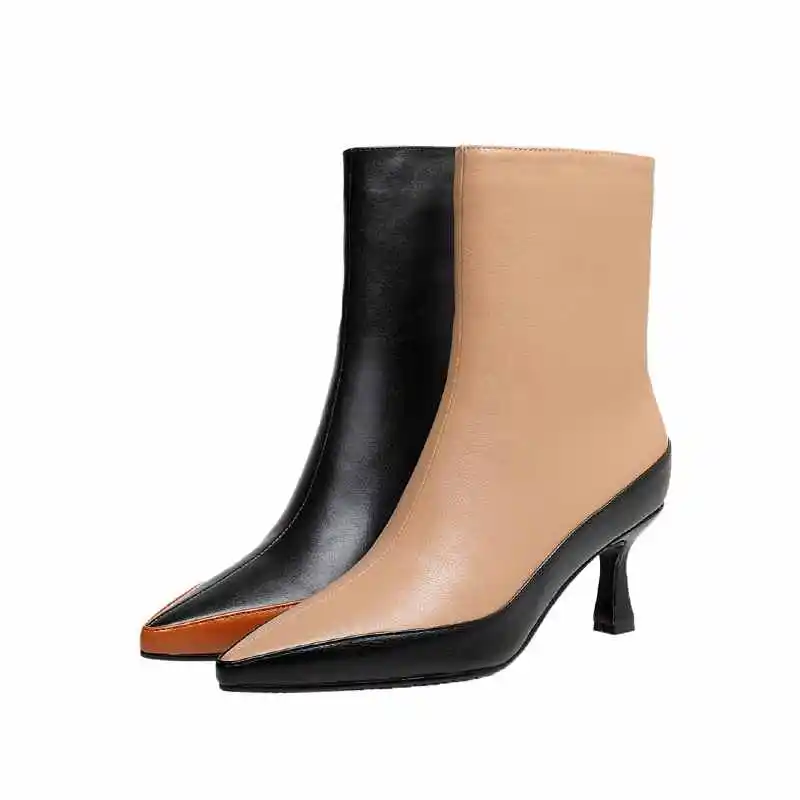 

Krazing pot work boots genuine leather mixed colors mature pointed toe thin high heel zipper office lady dating ankle boots L69
