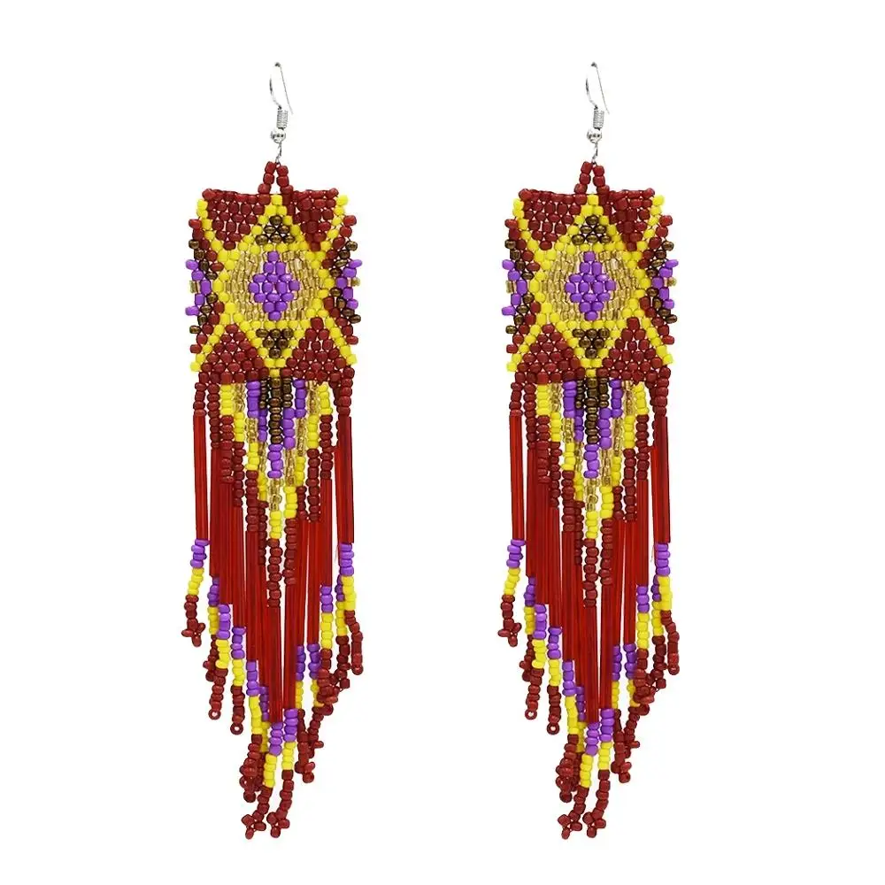 

Bohemian Vintage Long Tassel Acrylic Feather Shape Beaded Pendant Earrings Wedding Party Charm Ethnic Turkish Jewelry Earrings